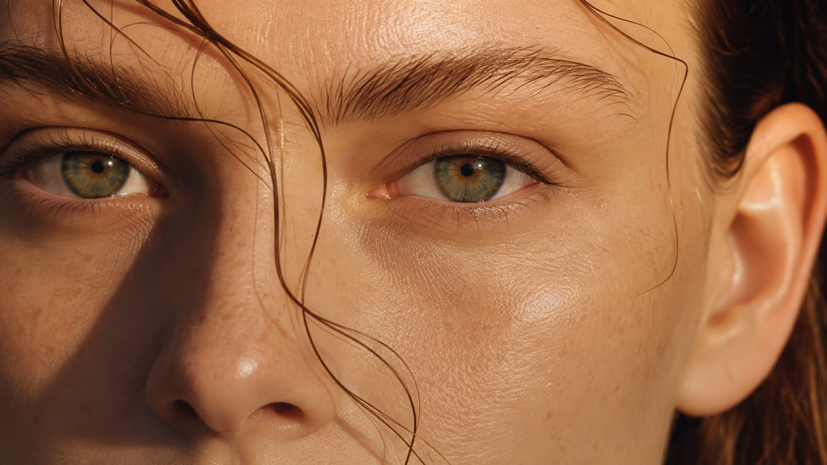 Editorial portrait with hazel eyes, natural skin texture and warm sunlight